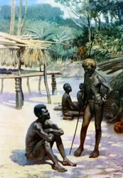"Egy jámfaház és bennszülöttek", Espiritu Santo, Új-Hebridák, 1908