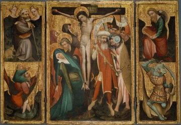 Triptichon a keresztre feszítésről Szent Antal, Kristóf, Jakab és György szentekkel, 1400 körül (tempera és olaj (becsült), panelen)