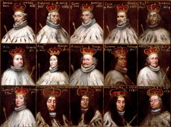 A Gének Köztársaságának címere és a dózsák portréi. Antoniotto Invrea, Stefano de Mari, Cesare Durazzo, Cesare Gentile, Francesco Garbarino, Alessandro Grimaldi, Agostino Saluzzo, Antonio Da Passano, Odon Giannettino, Agostino Spinola, Luca M