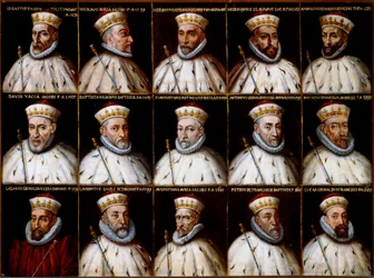 A Genovai Köztársaság címere és a dózsék portréi. Gio. Battista Gentile Pignolo, Nicolò Doria, Gerolamo De Franchi Toso, Gerolamo Chiavari, Ambrogio Di Negro, Davide Vacca (vagy Vaccari), Battista Negrone, Gio Giustiniani Campi, Antonio Grimal