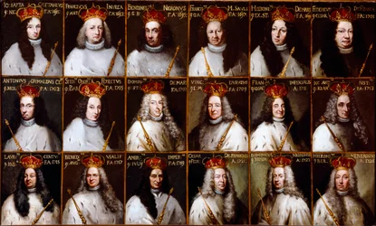 A Genovai Köztársaság címere és a dózsék portréi. Giovanni Battista Cattaneo, Francesco Invrea, Negrone Bendinelli, Francesco Maria Sauli, Girolamo De Mari, Federico De Franchi, Antonio Cebà Grimaldi, Onorato Stefano Ferreti, Domenico De Ma
