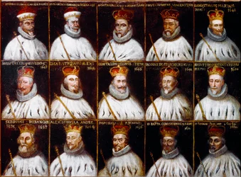 A Gének Köztársaságának címere és a dózsák portréi. Giovanni Stefano Doria, Francesco Gio. Brignole Sale, Agostino Pallavicini, Giovanni Battista Durazzo, Agostino Giovanni De Marini, Giovan Battista Lercari, Luca Giustiniani, Giovanni Battista L
