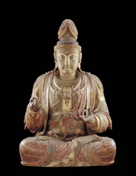 A Bodhisattva Guanyin (fa, gesso, ásványi pigmentek és arany)
