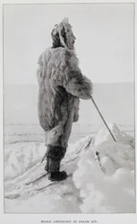 Roald Amundsen sarki felszerelésben, a "Déli-sark..." című, 1912-ben megjelent kiadványból (litográfia).