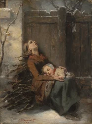 Nincstelen halott anya, aki télen alvó gyermekét tartja, 1850 körül