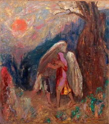 Jákob és az angyal. Odilon Redon (1840-1916) festménye, olaj, vászon, 1907 körül. Francia művészet, XX. század, szimbolika. Modern Művészetek Múzeuma, New York (USA).