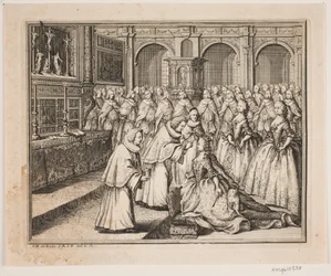 Hersleb püspök felkeni Louise királynét a Frederiksborg kastély templomában. Illusztráció IV. Frederik felkenési okiratához