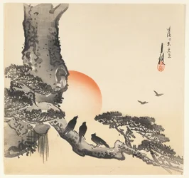 Varjak a fa törzsén, Meiji-korszak, 1890-1910 körül (színes fatömbnyomat)