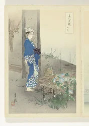 Kaga no Chiyo költő (cím a tárgyon) A szépségek és a virágok összehasonlítása (sorozat címe) Bijin hana kurabe (sorozat címe az objektumon)