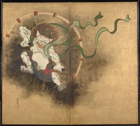 Le dieu de la tempete (A mennydörgés istene) Egy kétpaneles képernyő bal oldali része - Ogata Korin (1658-1716) munkája, akvarell és tinta papíron, 18. század eleje, japán művészet, keleti mitológia - Tokiói Nemzeti Múzeum, Japán