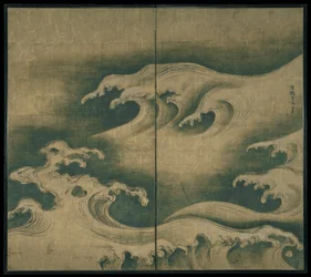 Rough Waves, két paneles összecsukható képernyő, 1704-9 körül (tinta, színes és aranylevél papíron)