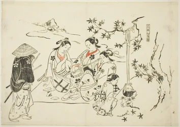 Heating Sake with Maple Leaves (Kanzake momijigari), 9. sz. egy 12 darabból álló sorozatból, amely színdarabok paródiáit ábrázolja.
