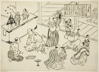 Egy bábszínház öltözője, a "Híres jelenetek a japán bábjátékokból (Yamato irotake)" sorozat tartalomjegyzéke