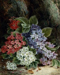 Lila és galagonya virágok. Oliver Clare (1853-1927 körül) festménye Magángyűjtemény.
