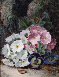 Csendélet primőrökből és gondolatokból. Oliver Clare (1853-1927 körül) festménye Magángyűjtemény.