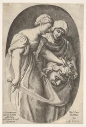 Judit Holofernész fejével a bal kezében, karddal a jobbjában, kísérő..., 1606.
