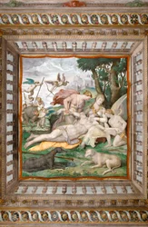 Adonis halála Adonis szobájának mennyezetéről, Rocca dei Rossi, San Secondo, Parma, Olaszország, 2384731 részlet