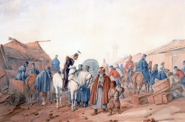A brit hadsereg utánpótlási bázisa a Balaclava (Balaklava) kikötőben - Norie, Orlando (1832-1901) - 1854 - Akvarell papíron - 36,3x52,6 - Magángyűjtemény