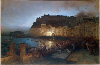 Tűzijáték Nápolyban (Olaszország) – Oswald Achenbach (1827-1905) festménye, olaj, vászon