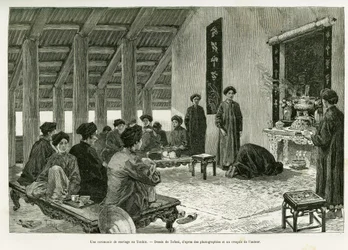 Esküvői szertartás Tonkinban. Tofani metszet a Trente mois au Tonkin című történetének illusztrálására, 1884-ben, Dr. Paul Hocquard, in le tour du monde 1890, Edouard Charton (1807-1890) irányításával, Hachette, Párizs.