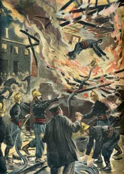 Bailly tűzoltó halála egy malomtűz során Bourges-ban, 1898-ban (metszet)