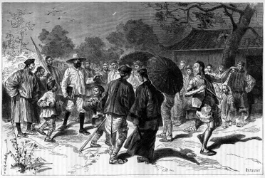 Dr. Piassetzky Kínába utazik, mindig kínaiak kísérik. Metszet Tofani rajza nyomán, a „Le Tour du Monde, Nouveau Journal des Voyages” című kiadványban, szerkesztette Edouard Charton, Párizs
