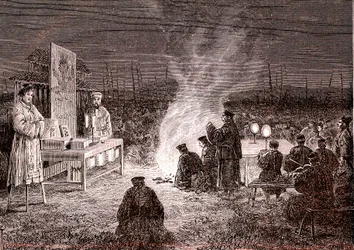 Temetési szertartás a kínai Sou-Tcheouban. 1874 (metszet)