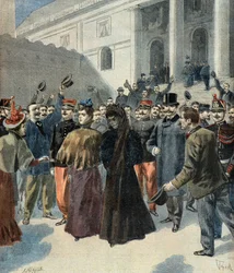 Hubert Henry ezredes özvegye távozik a bíróságról (Dreyfus-ügy)