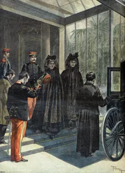 Madame Felix Faure távozik az elysee-ből a köztársasági elnök halála után, 1899-ben (metszet)