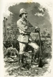 Dr. Emile Holub portréja, felfedezőruhában, Tofani metszetével, az „Au pays des Marutses” című történet illusztrálására, Dr. Emile Holub (1847-1902) 1875-1879-ben. Megjelent a Tour du monde-ban, 1883. 2. félév, szerkesztette: Edouard Charton (1807-1890)