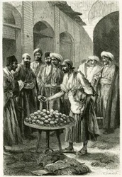 A halászkereskedő Kachanban (vagy Kashanban, Teherán tartományban, a mai Iránban). Tofani metszet, fényképről, Jane Dieulafoy (szül. Magre) „Persia, Chaldee és Susiane” című történetének illusztrálására 1881-1882 között