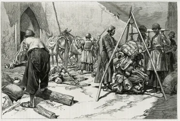 A poggyász mérlegelése a Delafoy Menyasszonyi Expedíció indulása előtt. Tofani metszet a „Persia, Chaldee és Susiane” történet illusztrálására