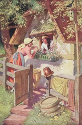 A gonosz királynő öregasszonynak álcázva felajánlja a mérgezett almát Hófehérkének, illusztrációja a „Hófehérke és a hét törpe” Grimm-mese, 1900 körül (színes litó)