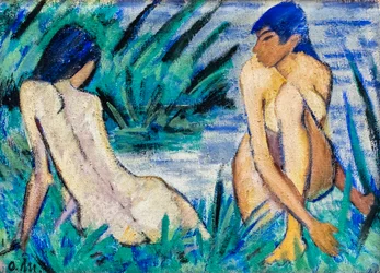 Két lány a nádasban, 1920 körül (olaj, juta)