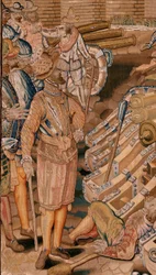 Flamand kárpit. Albert főherceg diadalai és csatái sorozat. Támadás Calais városa ellen (Asalto de la plaza de Calais). A sorozat második kárpitja. Otto van Veen modell és Hans I Snellinck. Gyártás Martin Reynbouts, Brüsszel