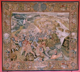Flamand kárpit. Albert főherceg diadalai és csatái sorozat. Csata Hulst lövészárkaiban (Combate en las trincheras de Hulst). A sorozat ötödik kárpitja. Otto van Veen modell és Hans I Snellinck. Gyártás Martin Reynbouts, Bruselas. 1597-159