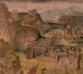 Flamand kárpit. Albert főherceg diadalai és csatái sorozat. Éjszakai támadás Ardres ellen vagy Ardres alacsony városának elfoglalása (Asalto nocturno de Ardrés o Toma de la baja villa de Ardrés). Harmadik kárpit a sorozatban. Otto van Veen modell és Hans I