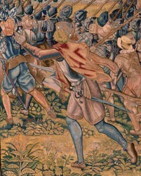Flamand kárpit. Albert főherceg diadalai és csatái sorozat. Éjszakai támadás Ardres ellen vagy Ardres alacsony városának elfoglalása (Asalto nocturno de Ardrés o Toma de la baja villa de Ardrés). Harmadik kárpit a sorozatban. Otto van Veen modell és Hans I
