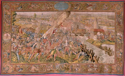 Flamand kárpit. Albert főherceg diadalai és csatái sorozat. Meglepetés Calais-ban (La sorpresa de Calais). A sorozat első gobelinje. Otto van Veen modell és Hans I Snellinck. Gyártás Martin Reynbouts, Bruselas. 1597-1599. Szövet Arany, ezüst, si