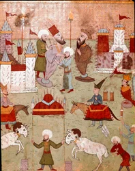 II. Murád (Murat) oszmán szultán fiának (1404-1451) körülmetélése alkalmából rendezett ünnepségek, tűzijátékok előkészítése 16. századi miniatűr Isztambul, Topkapi Sarayi Múzeum Könyvtára