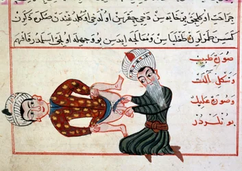 Orvostudomány: egy hermafrodita kasztrálása. Miniatúra Sharaf al-Din török orvoslásról szóló értekezéséből