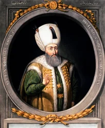 Oszmán Birodalom: I. Szulejmán (Suleyman) a Nagy (1494-1566), a tizedik oszmán szultán portréja. 16. századi miniatúra. Isztambul, a Topkapi Sarayi Múzeum könyvtára