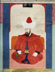 Oszmán Birodalom: „” Az Oszmán Birodalom szultánjának portréja, Orhan (Orkhan vagy Urchan) I (1281-1360)”” Miniatűr a „Zubdat al Tawarikh”-ból” (Ms. 1973, fol. 59b), készítette: Seyyyd Lokman Ashuri, 1583 Isztambul, Török-Iszlám Művészeti Múzeum