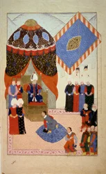 Oszmán Birodalom: Soliman szultán (Szulejmán) Azt mondtam, hogy a csodálatos (1520-1566) körülveszi az udvarhölgyeket”” Miniatűr a „Nuzhet el-Esrar el-Ahbar der Sefer-i Sigetvar”-ból” (Nuzhet el Estrar el Ahbar der Sefer i Sigetvar ) (Szi hadjáratainak kró