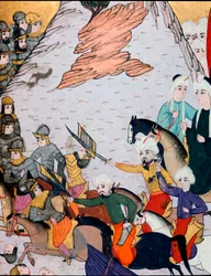 Oszmán Birodalom: összecsapások I. Bajezid (Bajazet) szultán (1360-1402 körül) serege között a francia-magyar szövetséggel szemben a nikápolyi csata során, 1396. 09. 25-én. 15. századi miniatűr. Topkapi Sarayi Múzeumi Könyvtár Isztambulban