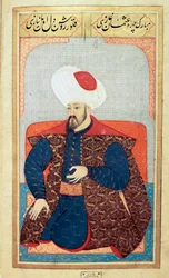 Oszmán Birodalom: I. Oszmán első szultán (1258-1326) portréja. Miniatúra Seyyid Lokman Hussein „Emberi fiziognómia (Az oszmánok személyes szokásairól)” című kéziratából. (Ms. ty6087, 21b fólió)