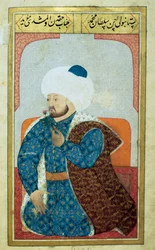 Az Oszmán Birodalom szultánjának, II. Mehmednek (Hódító II. Mehmet vagy II. Mehmed Fatih) (1430-1481) portréja. Miniatúra Seyyid Lokman Hussein „Emberi fiziognómia (Az oszmánok személyes hajlamairól)” című kéziratából (Ms. ty6087, fólió)
