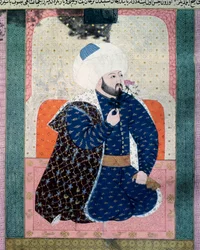 Az Oszmán Birodalom szultánjának portréja, Mehet II (Mehmet II, a Hódító vagy Mehmed II Fatih) (1430-1481) Miniatűr a kéziratból (Ms. 1973, folio 62a) „Zubdatat-al Tawarikh” (Zubdat al-Tawarikh) ( Creme of Stories) történész Seyyid Loqman As