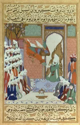Gábriel arkangyal kinyilatkoztatja a Korán 8. szúráját, Mohamed miniatúrája a „Siyari Nabi”-ból (A Próféta élete)