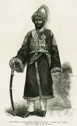Jang Bahadur (1816-1877), Nepál miniszterelnöke. P.Sellier metszete a Utazás a nepáliban című történet illusztrálására, Dr. Gustave Le Bon (1841-1931), in le tour du monde 1886, rendező: Edouard Charton (1807-1890), Hachette, Párizs.